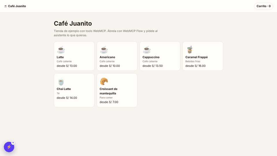 WebMCP Flow chat ordering a large oat latte with vanilla on the sample shop, waiting for the person to confirm the payment, and confirming the order.